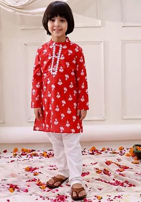 Red Printed Cotton Kurta Set For Boys