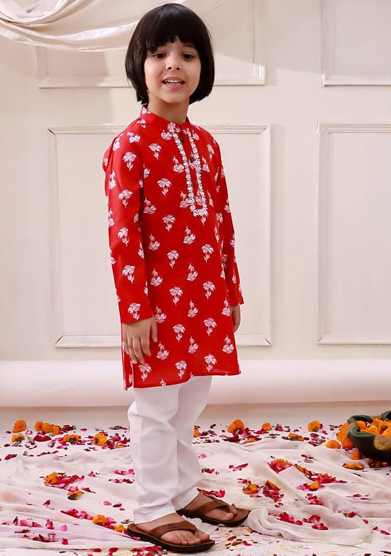 Red Printed Cotton Kurta Set For Boys - Indya
