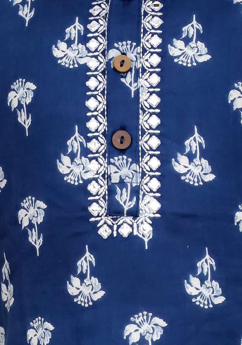 Blue Printed Cotton Kurta Set For Boys - Indya