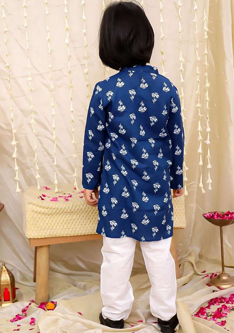 Blue Printed Cotton Kurta Set For Boys - Indya