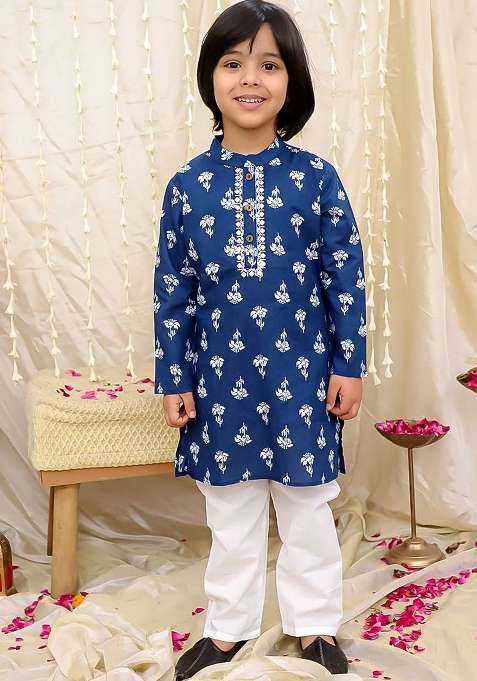 Blue Printed Cotton Kurta Set For Boys