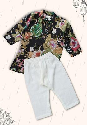 Black Printed Cotton Kurta Set For Boys