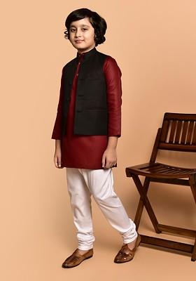 Red Embroidered Blended Nehru Jacket Set For Boys