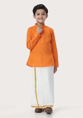 Orange Woven Design Cotton Kurta Set For Boys
