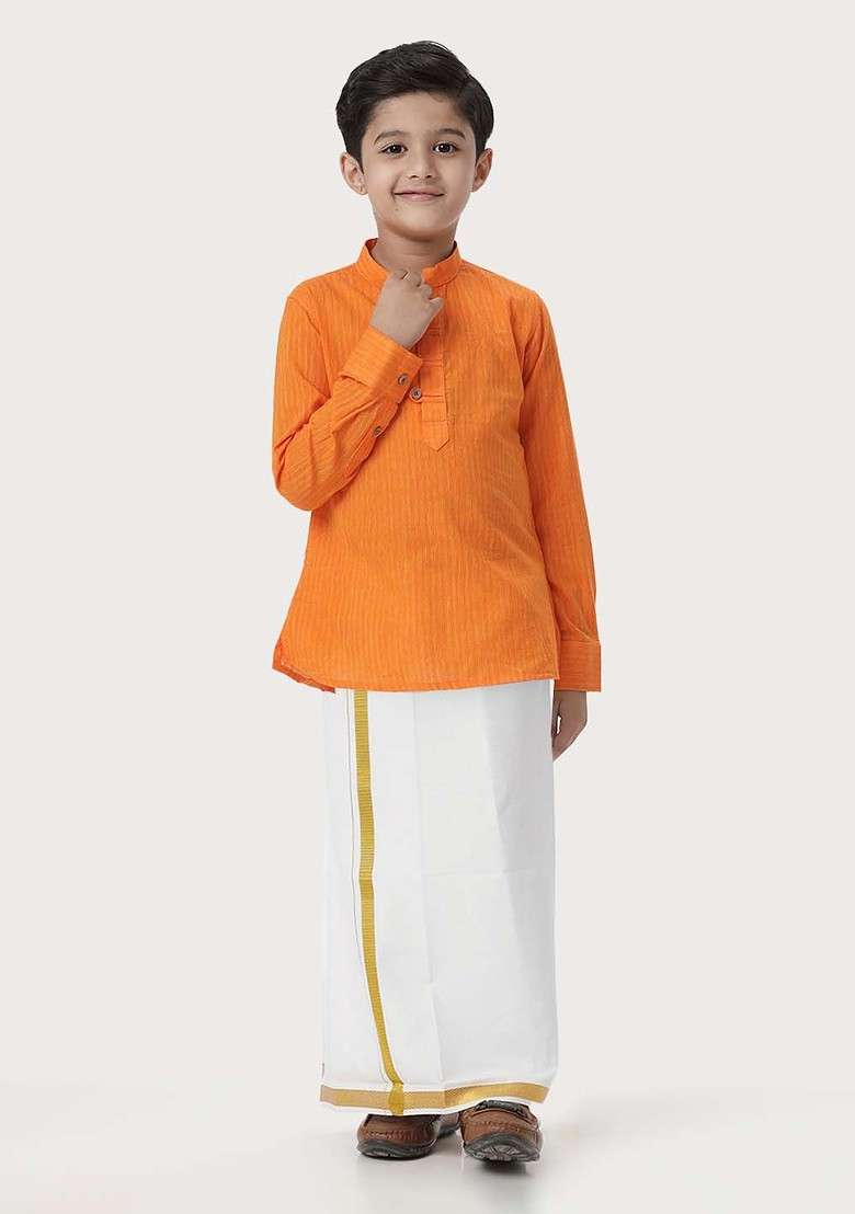 Orange Woven Design Cotton Kurta Set For Boys - Indya