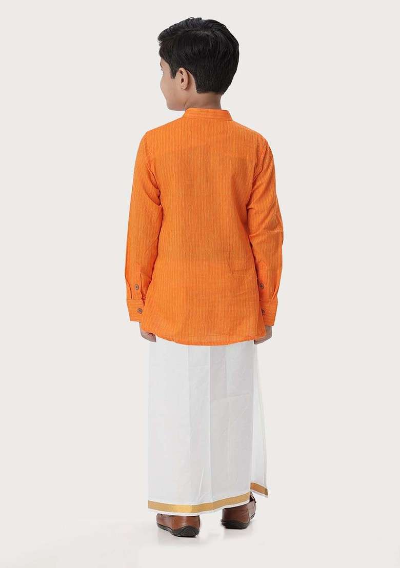 Orange Woven Design Cotton Kurta Set For Boys - Indya