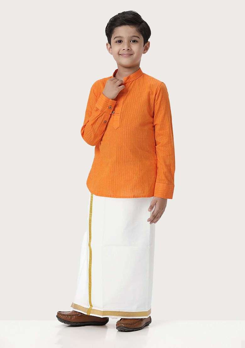 Orange Woven Design Cotton Kurta Set For Boys - Indya