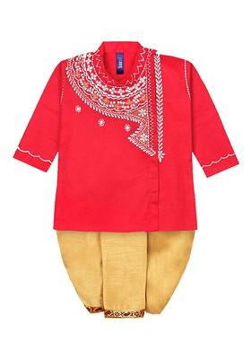 Red Embroidered Cotton Kurta Dhoti Set For Boys