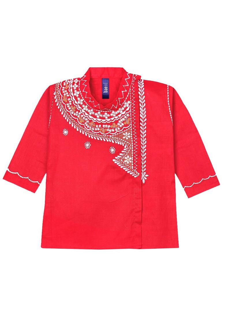 Red Embroidered Cotton Kurta Dhoti Set For Boys - Indya