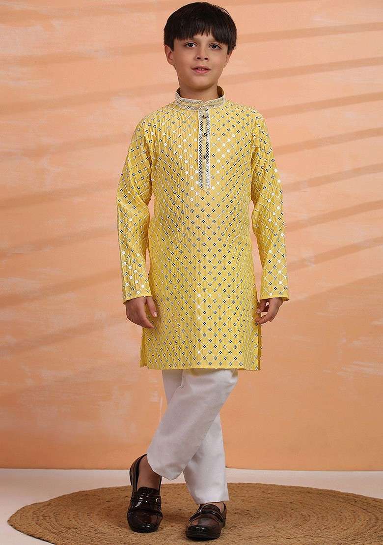 Yellow Embroidered Blended Kurta Set For Boys - Indya