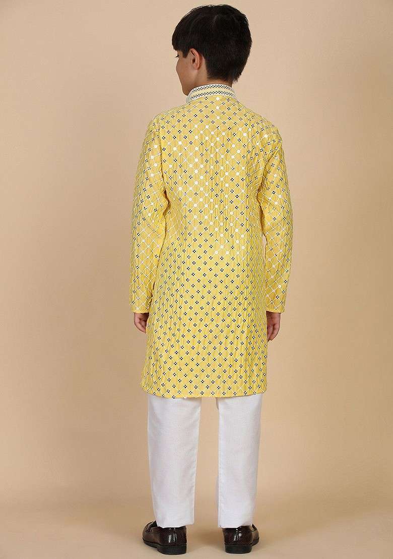 Yellow Embroidered Blended Kurta Set For Boys - Indya