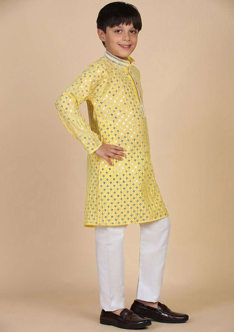 Yellow Embroidered Blended Kurta Set For Boys - Indya