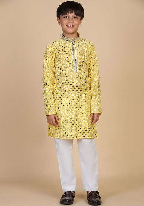 Yellow Embroidered Blended Kurta Set For Boys