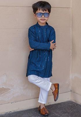 Blue Embroidered Cotton Kurta Set For Boys