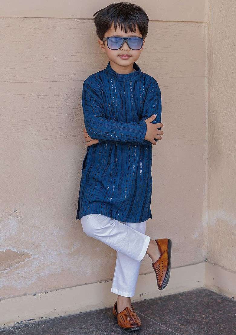 Blue Embroidered Cotton Kurta Set For Boys - Indya