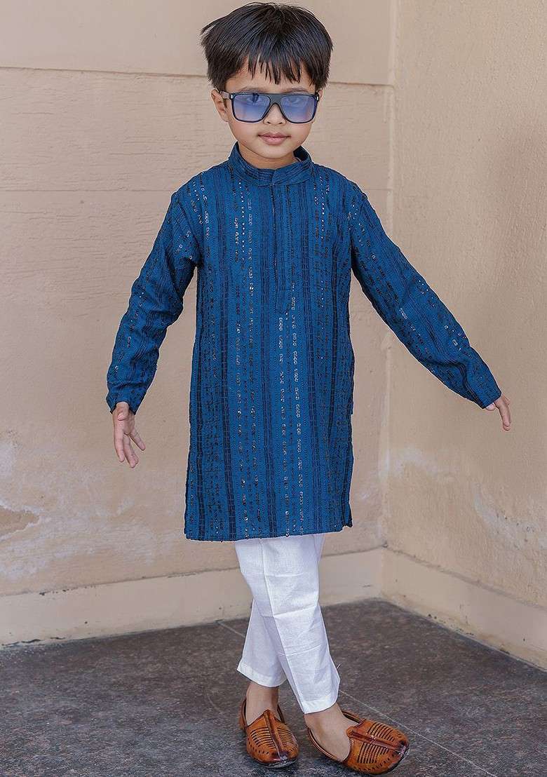 Blue Embroidered Cotton Kurta Set For Boys - Indya