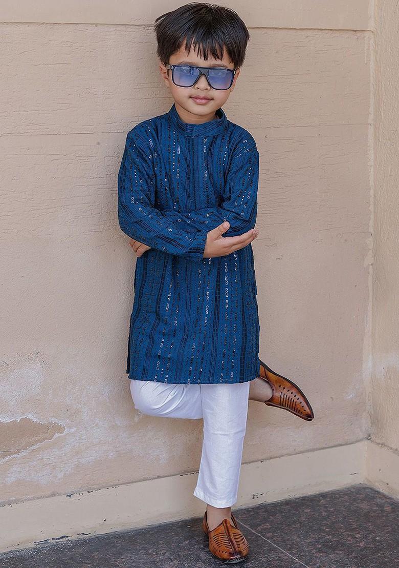 Blue Embroidered Cotton Kurta Set For Boys - Indya