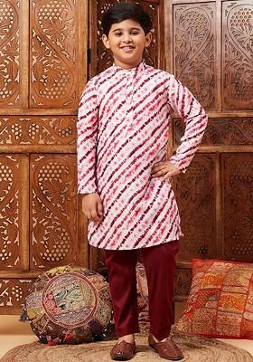 White Striped Blended Kurta Set For Boys