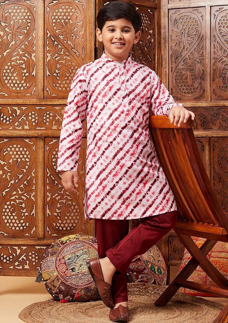 White Striped Blended Kurta Set For Boys - Indya