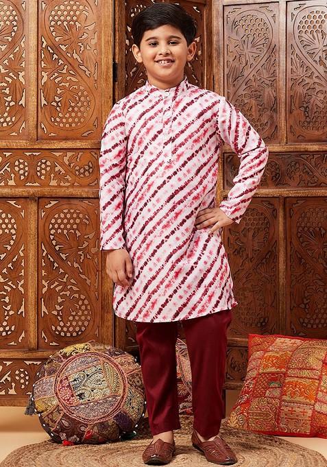 White Striped Blended Kurta Set For Boys — view on Indya