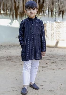 Navy Blue Embroidered Cotton Kurta Set For Boys