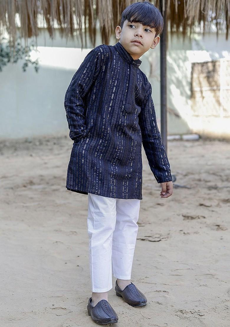 Navy Blue Embroidered Cotton Kurta Set For Boys - Indya