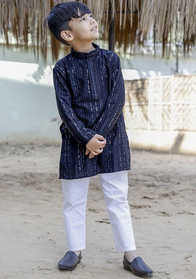 Navy Blue Embroidered Cotton Kurta Set For Boys - Indya