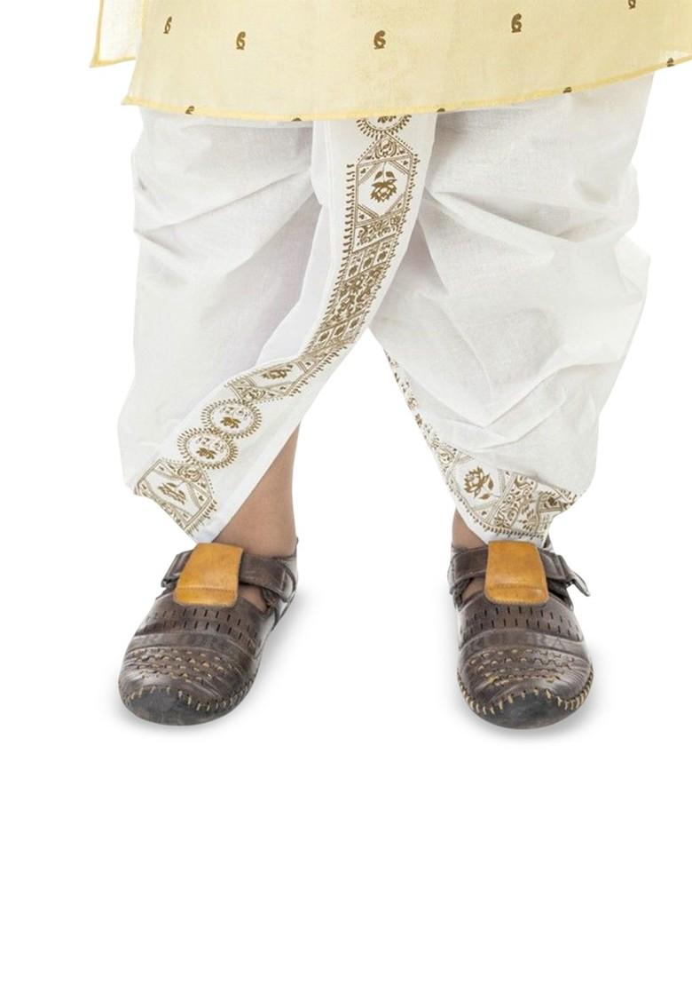 Off White Printed Blended Kurta Dhoti Set For Boys - Indya