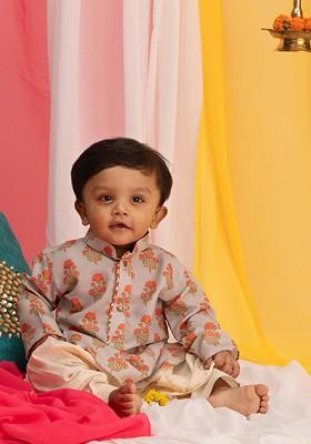 Beige Printed Blended Kurta Set For Boys