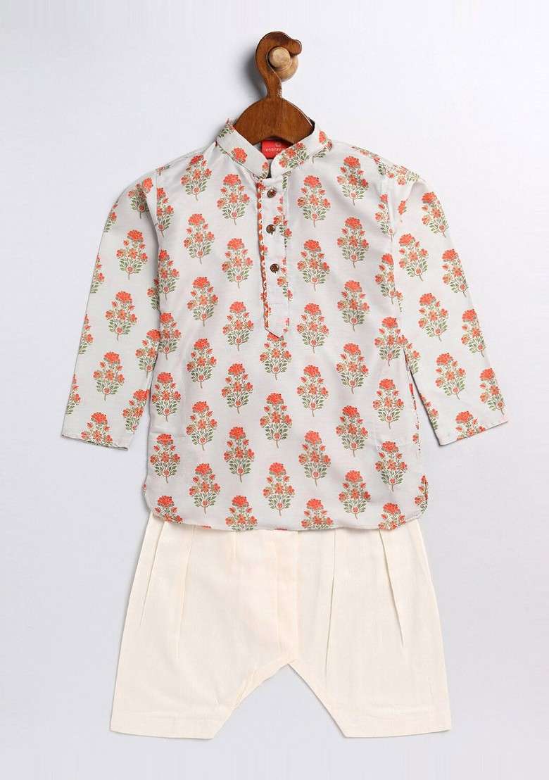 Beige Printed Blended Kurta Set For Boys - Indya
