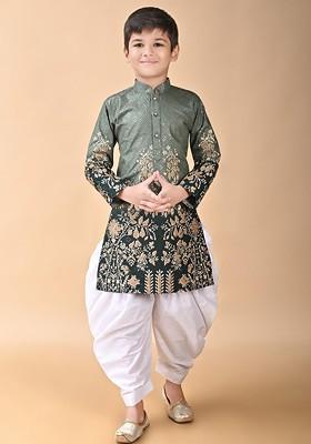 Green Embroidered Viscose Rayon Kurta Set For Boys