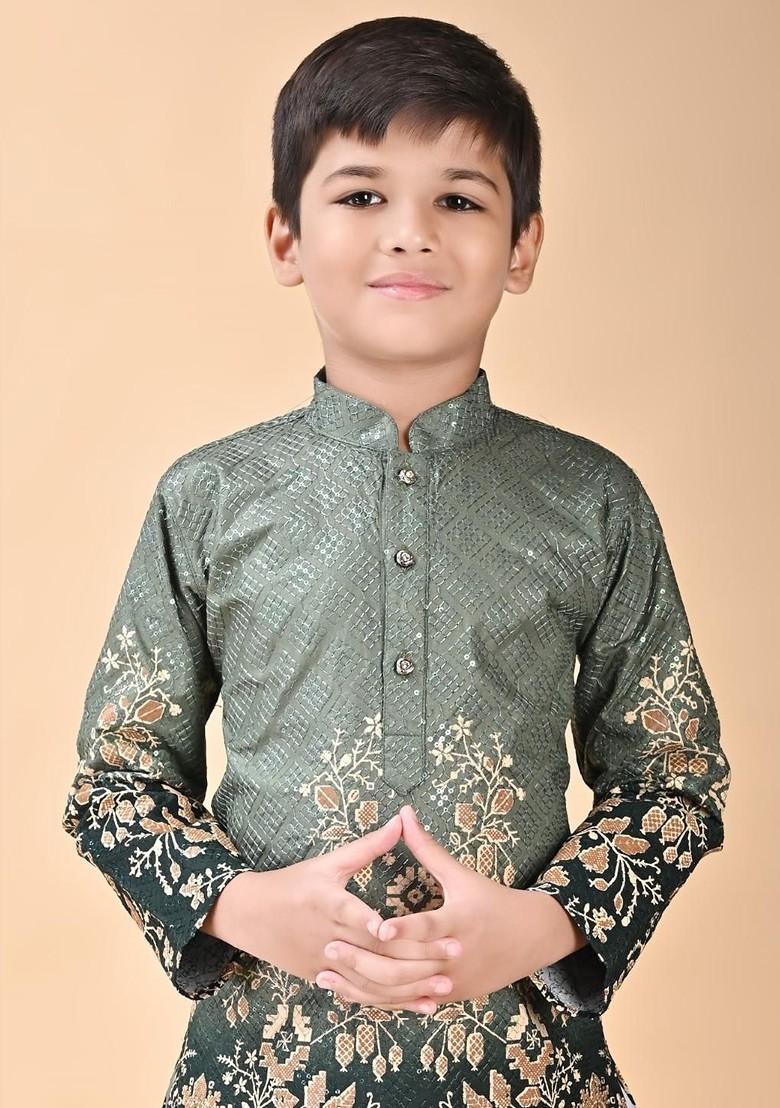 Green Embroidered Viscose Rayon Kurta Set For Boys - Indya