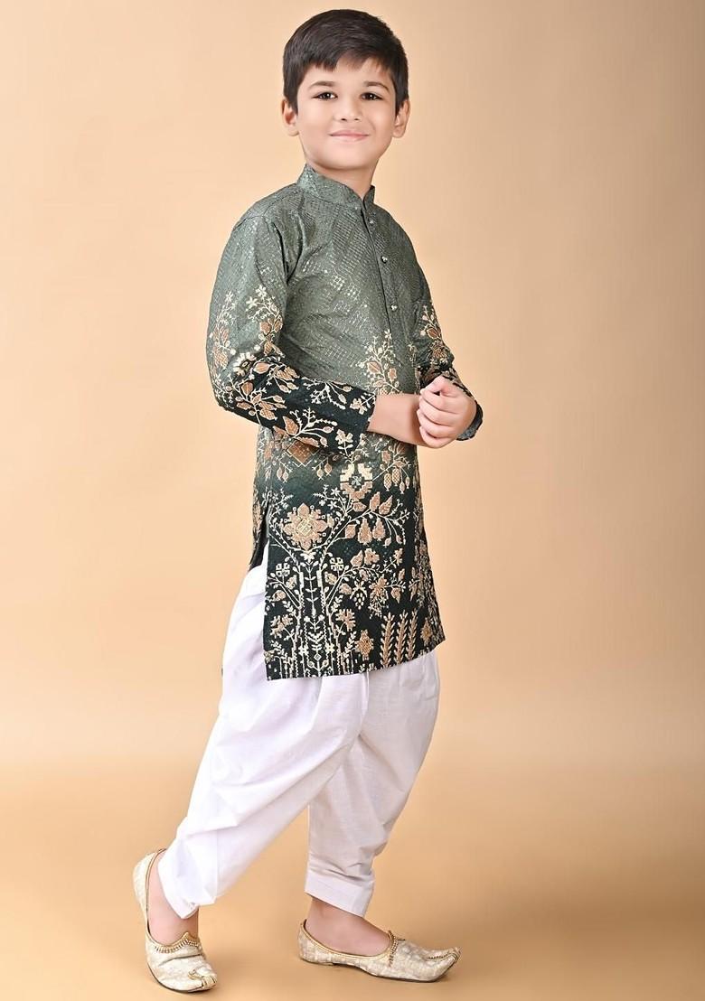 Green Embroidered Viscose Rayon Kurta Set For Boys - Indya