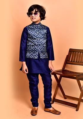 Navy Blue Embroidered Blended Kurta Set For Boys