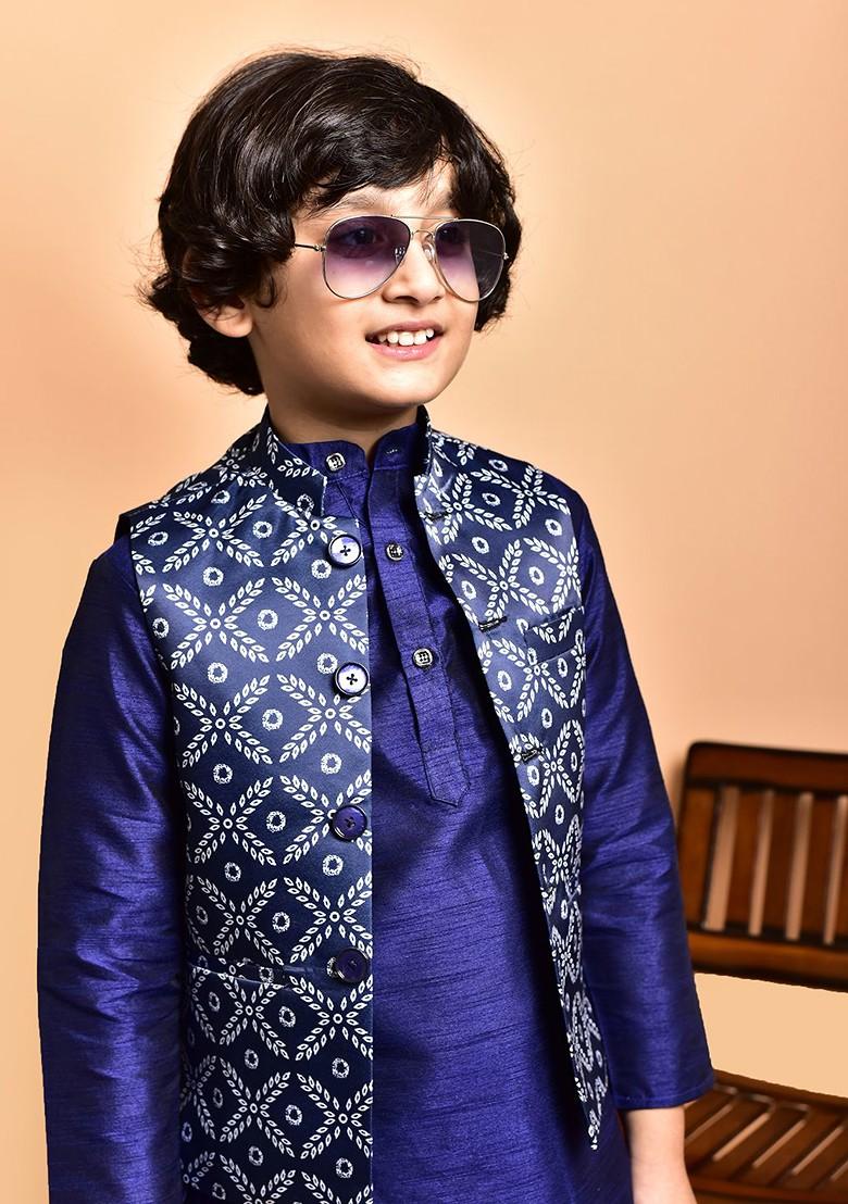 Navy Blue Embroidered Blended Kurta Set For Boys - Indya