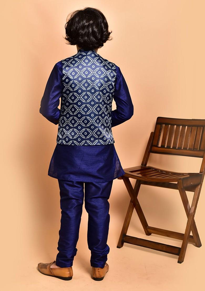 Navy Blue Embroidered Blended Kurta Set For Boys - Indya