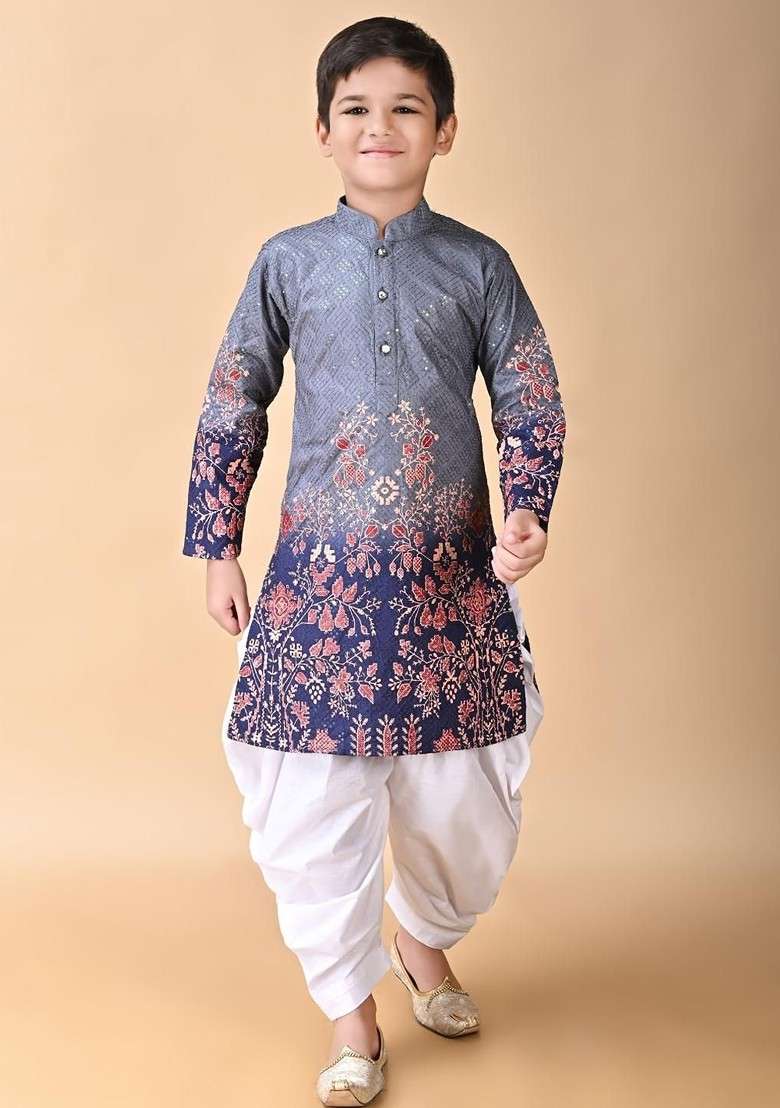 Grey Embroidered Blended Kurta Set For Boys - Indya