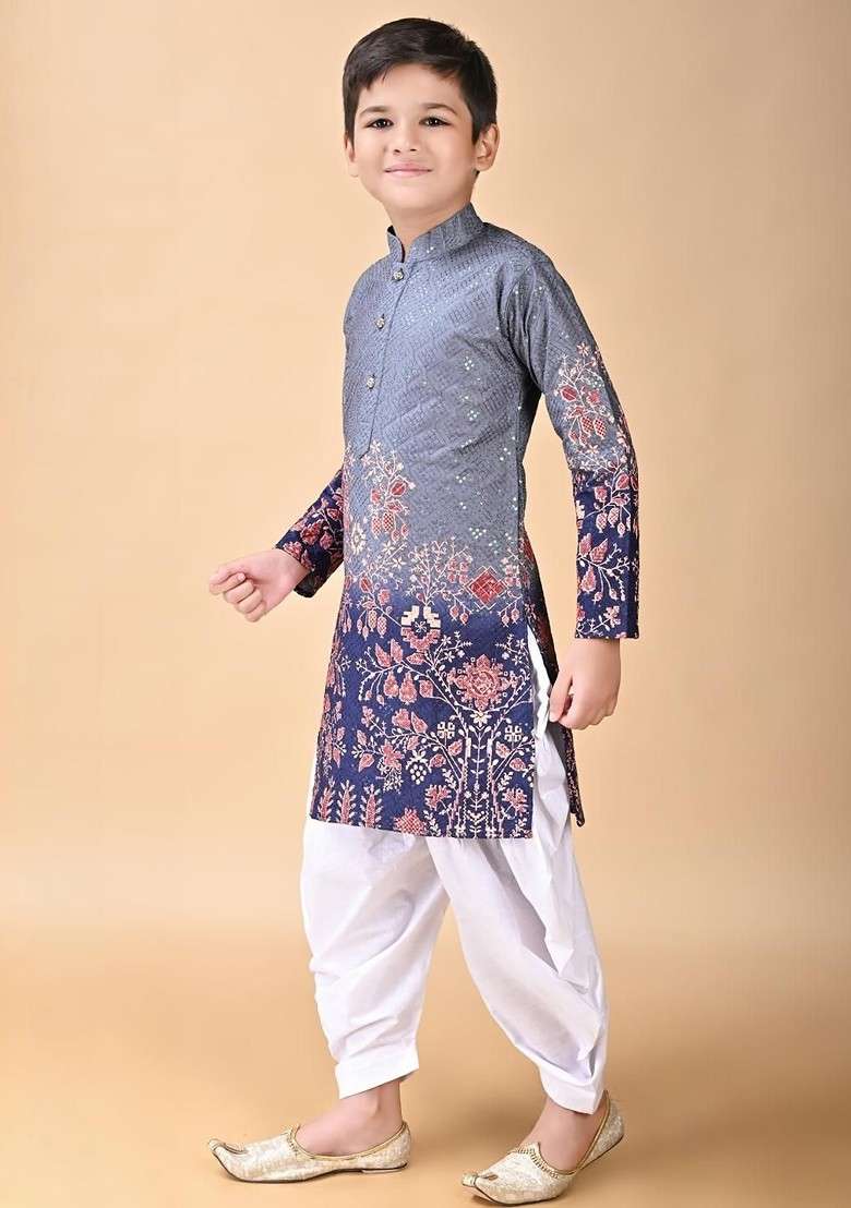 Grey Embroidered Blended Kurta Set For Boys - Indya
