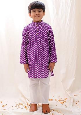 Purple Printed Cotton Kurta Set For Boys