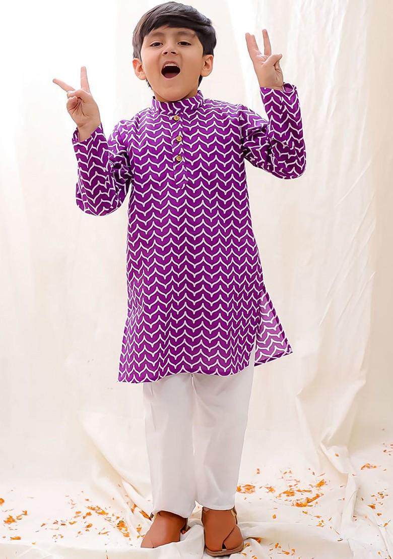 Purple Printed Cotton Kurta Set For Boys - Indya