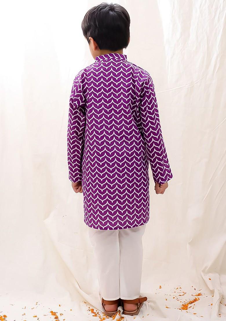 Purple Printed Cotton Kurta Set For Boys - Indya