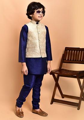 Navy Blue Embroidered Blended Nehru Jacket Set For Boys