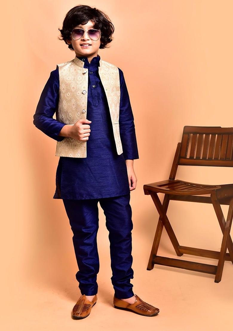 Navy Blue Embroidered Blended Nehru Jacket Set For Boys - Indya