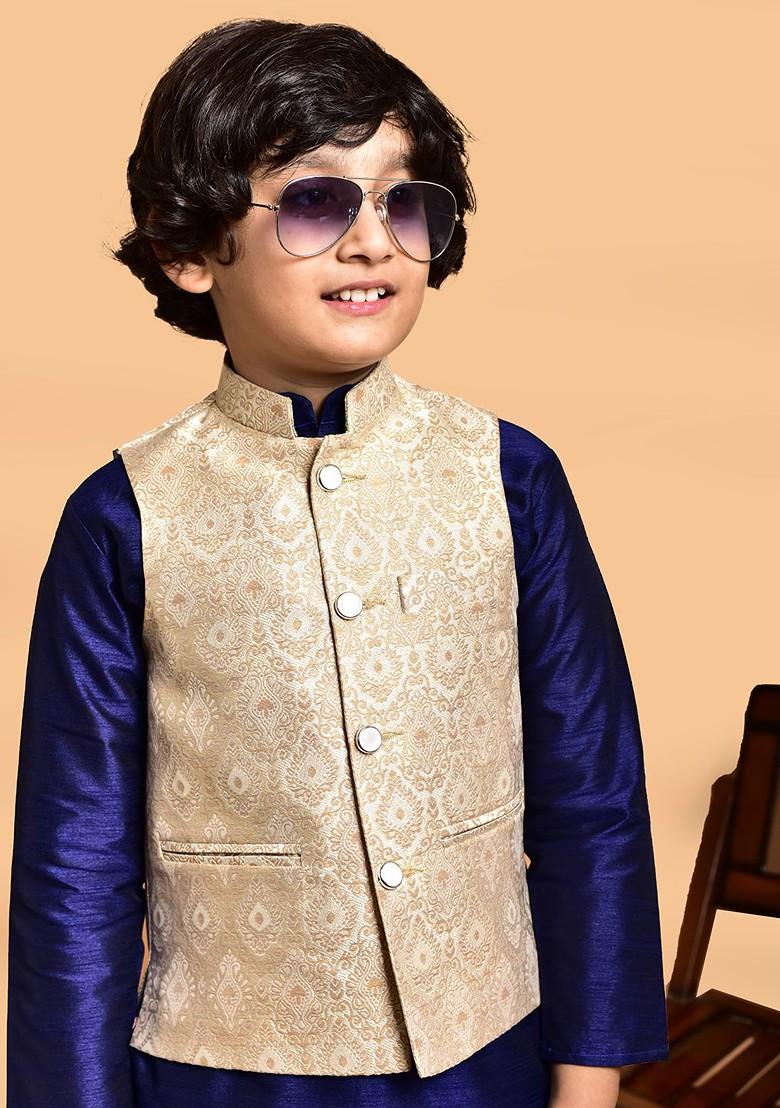 Navy Blue Embroidered Blended Nehru Jacket Set For Boys - Indya