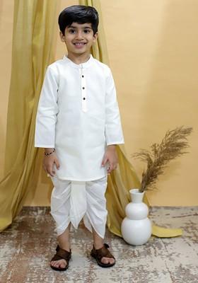 White Embroidered Cotton Kurta Dhoti Set For Boys