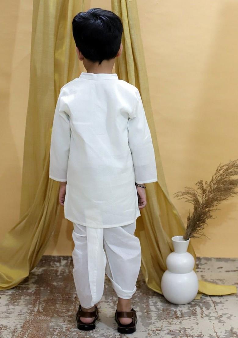 White Embroidered Cotton Kurta Dhoti Set For Boys - Indya