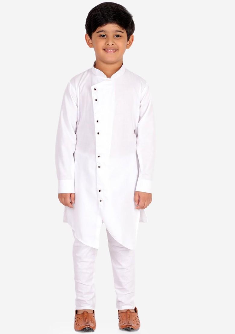 White Embroidered Blended Kurta Set For Boys - Indya