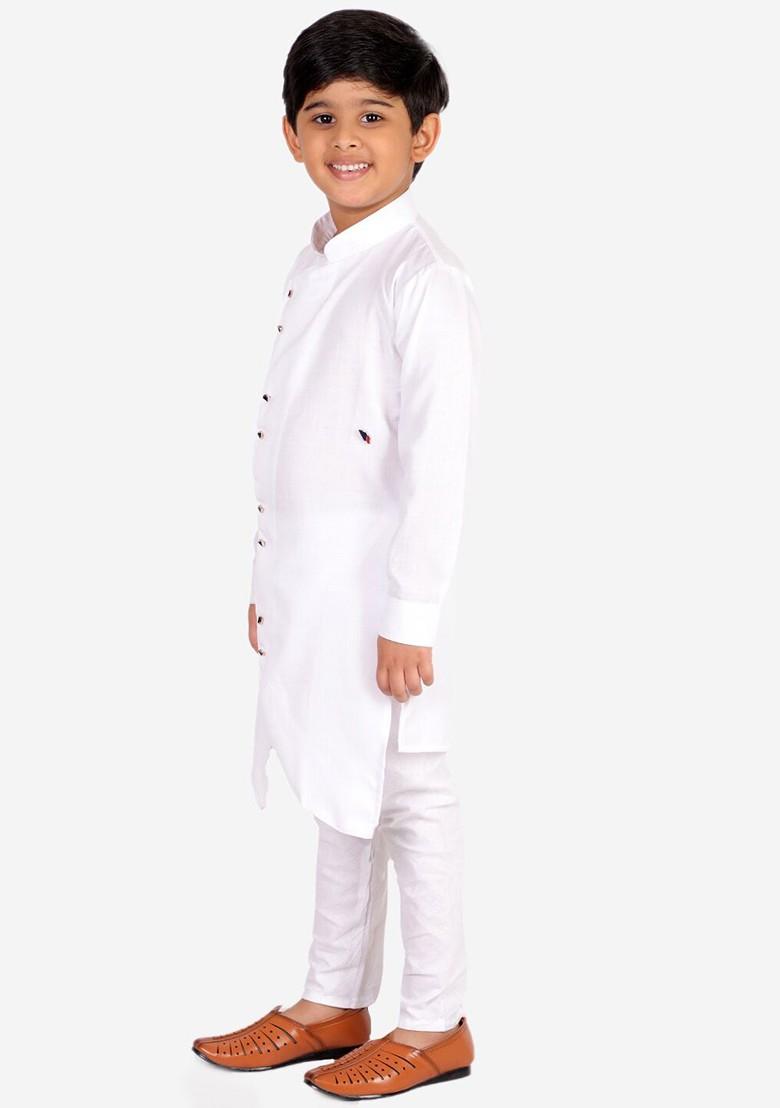 White Embroidered Blended Kurta Set For Boys - Indya
