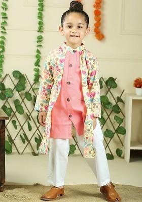 Red Floral Cotton Kurta Set For Boys