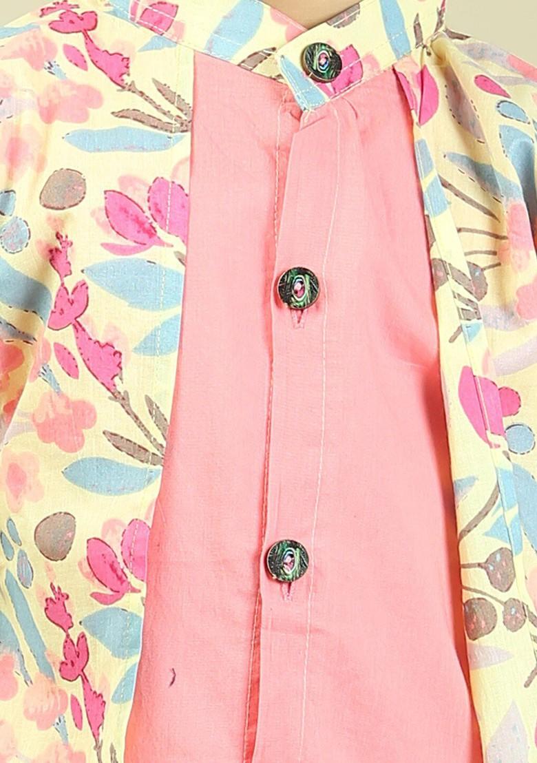 Red Floral Cotton Kurta Set For Boys - Indya